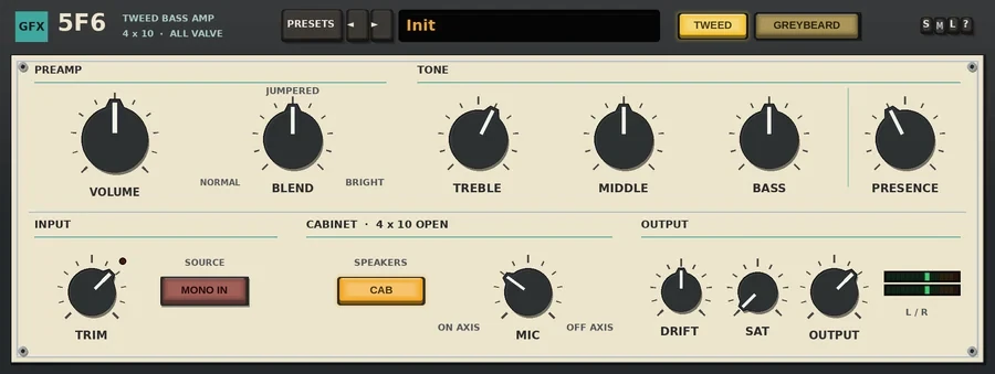 5F6 panel, TWEED model: a cream enamel amp with PREAMP, TONE, INPUT and OUTPUT sections