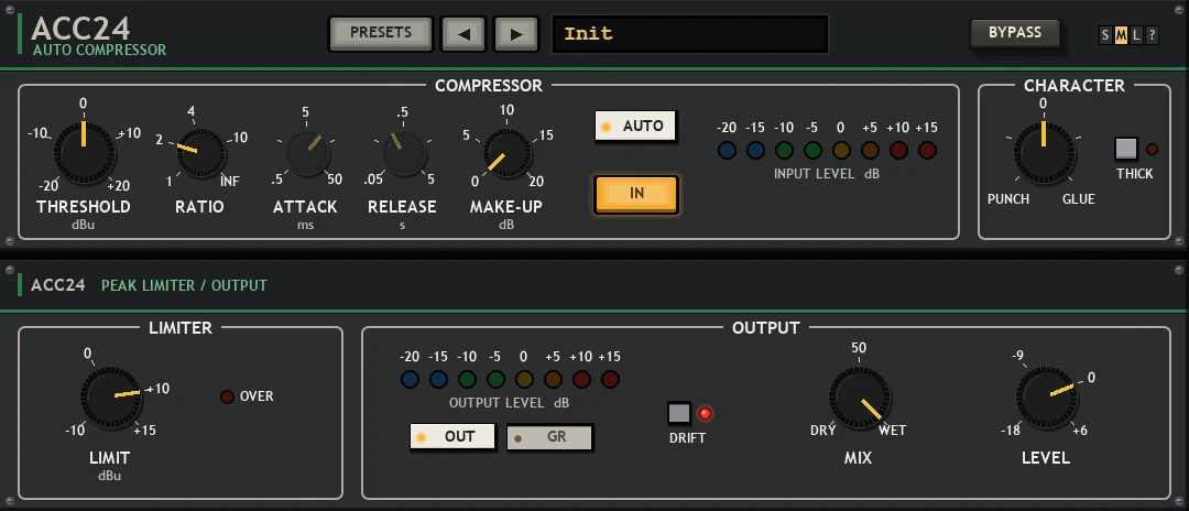 ACC24 panel: two stacked dark grey units with green rules. On top, COMPRESSOR with THRESHOLD, RATIO, ATTACK, RELEASE and MAKE-UP, AUTO and IN keys and an INPUT LEVEL row of LEDs, and CHARACTER with a PUNCH / GLUE dial and THICK. Below, LIMITER with LIMIT and an OVER lamp, and OUTPUT with an OUTPUT LEVEL row of LEDs, OUT / GR keys, DRIFT, MIX and LEVEL