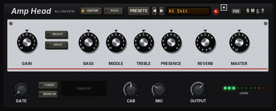 Amp Head panel: an all-valve amp head with GAIN, tone and MASTER knobs