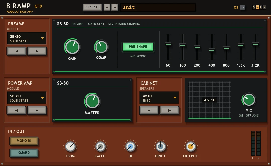 B Ramp panel: a PREAMP slot holding the SB-80 module with GAIN, COMP, PRE-SHAPE and a seven-fader graphic, a POWER AMP slot, a CABINET slot with a 4x10 and MIC, and IN / OUT with DI