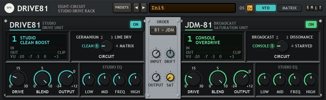 Drive81 panel in VFD mode: the DRIVE81 and JDM-81 units side by side with the ORDER bracket between them, and the OS key in the header