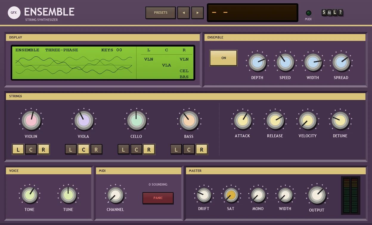 Ensemble panel: a plum string machine with a green display showing the ensemble wobbles and a stage map of where each section sits, the ENSEMBLE section with ON, DEPTH, SPEED, WIDTH and SPREAD, the STRINGS row with VIOLIN, VIOLA, CELLO and BASS dials in pastel caps, each with L, C and R keys under it, then VOICE, MIDI and MASTER
