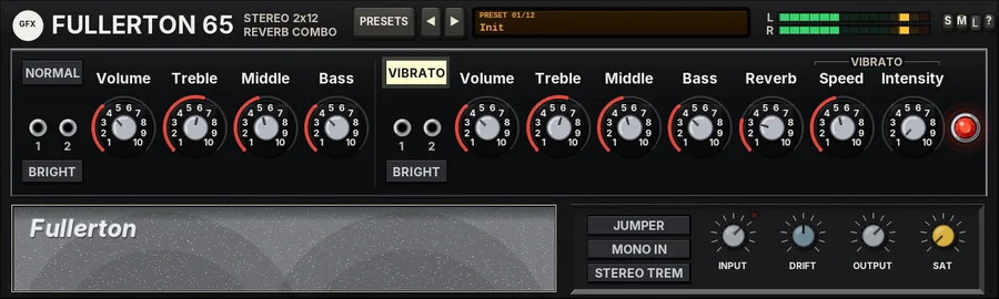 Fullerton 65 panel: a black-panel stereo combo with Normal and Vibrato channels, reverb and tremolo