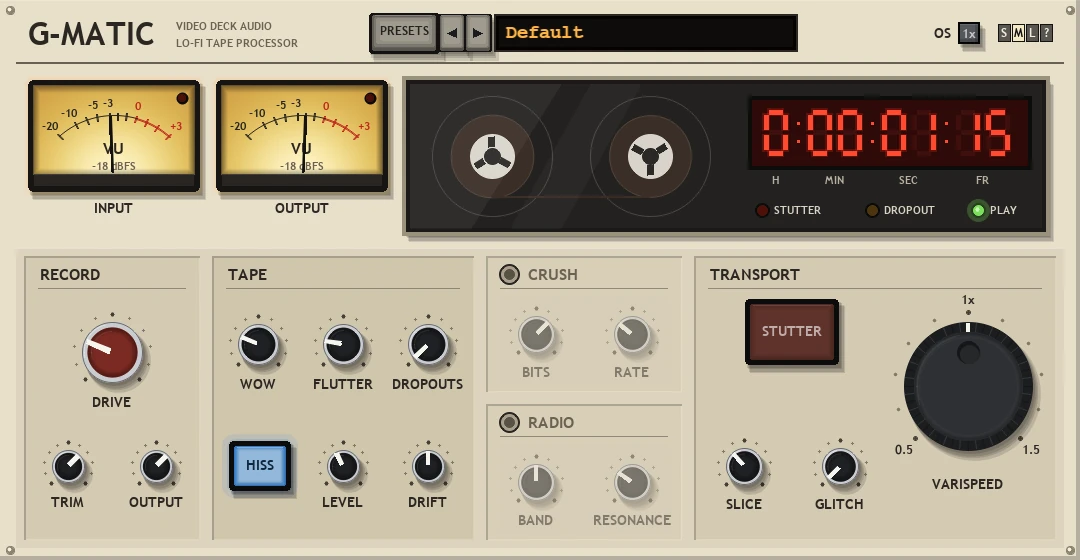 G-Matic panel: a cream video deck with two VU meters, a tape window with reels and a red counter, and a big shuttle wheel