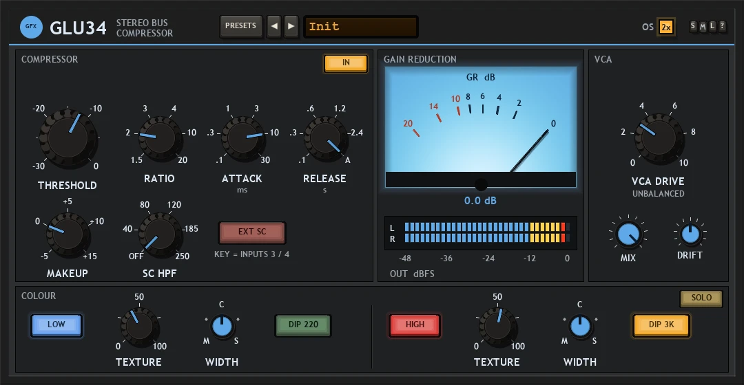 GLU34 panel: a charcoal faceplate with blue accents - COMPRESSOR with black stepped knobs, GAIN REDUCTION with a blue backlit needle meter and L / R output bars, VCA with VCA DRIVE, MIX and DRIFT, and a COLOUR row along the bottom with LOW and HIGH keys, TEXTURE and WIDTH knobs, DIP keys and SOLO