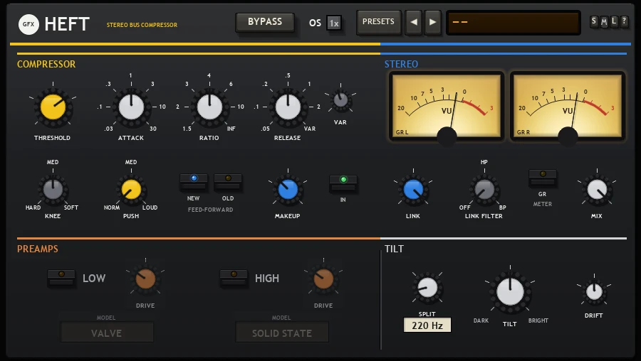 Heft panel: the stepped bus compressor's controls on top with a gain-reduction meter, and below them a PREAMPS row with LOW and HIGH LED push buttons, each with a DRIVE knob and a model box underneath, then a TILT section with SPLIT, TILT and DRIFT dials; BYPASS, OS and the preset bar in the header