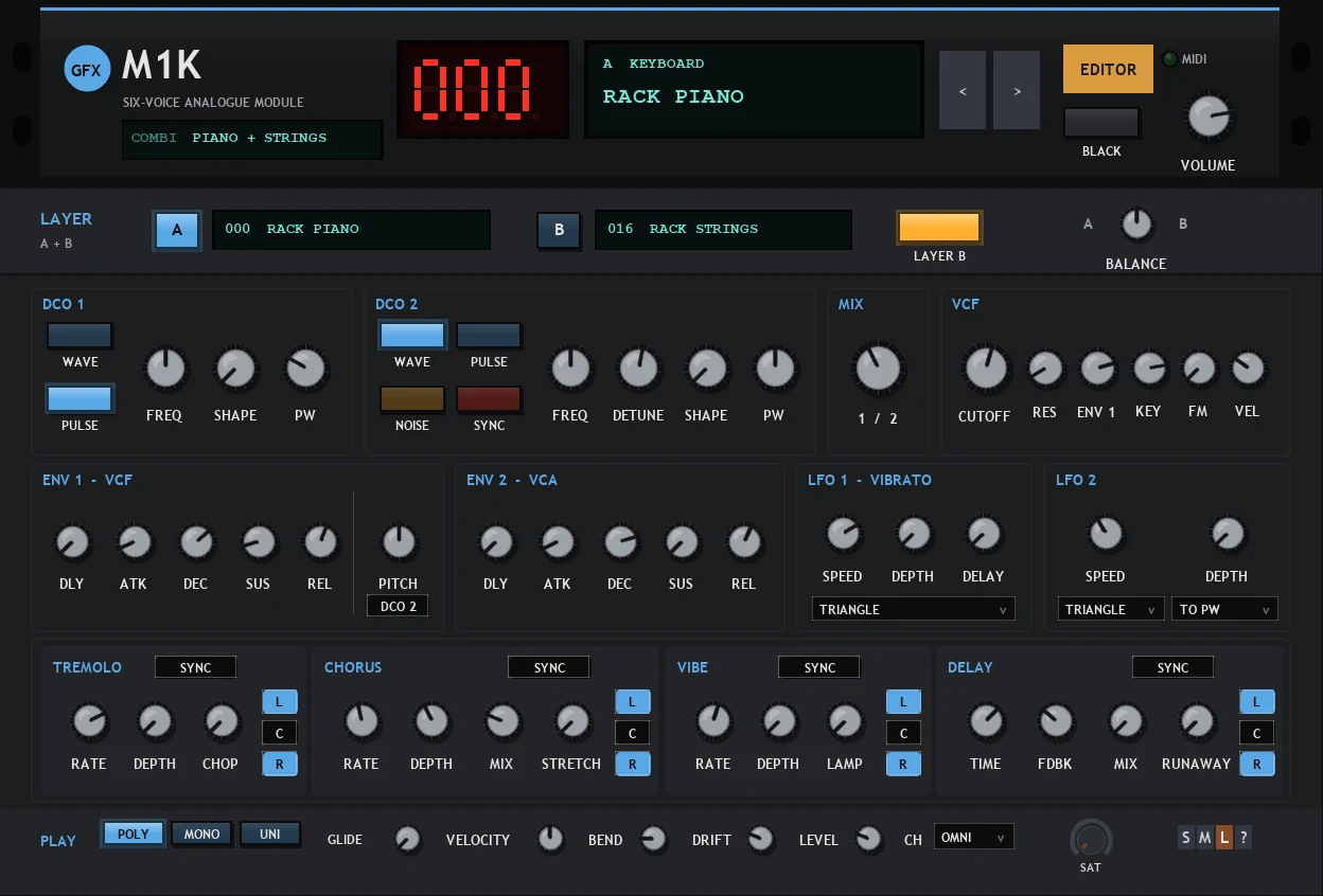 M1K panel: a black rack synth with a red patch number and patch display, a LAYER strip with patch A and patch B, the LAYER B key and a BALANCE dial, then the editor with DCO 1, DCO 2, MIX, VCF, two envelopes, two LFOs and the Mod Rack, and the PLAY strip