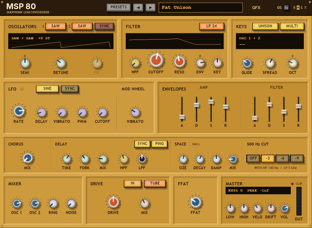 MSP 80 panel: a honey-coloured synth with OSCILLATORS, FILTER, KEYS, LFO, ENVELOPES, effects, MIXER, DRIVE, FFAT and MASTER sections in recessed trays