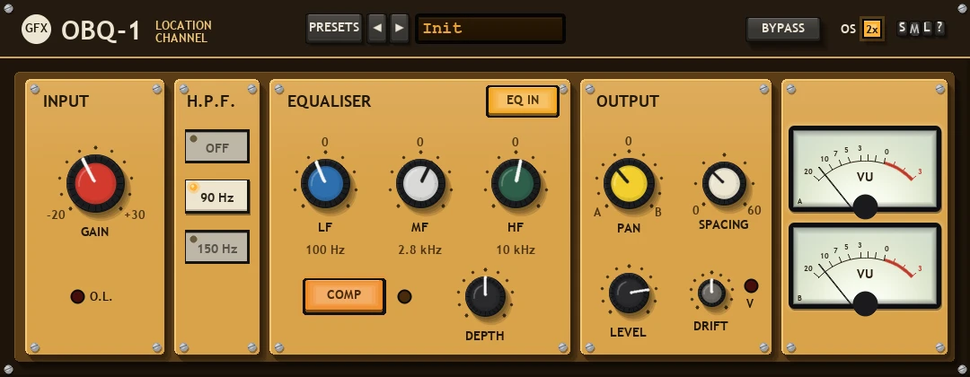 OBQ-1 panel: raised amber front panels on a dark brown backplate - INPUT with a red GAIN knob and an O.L. lamp, H.P.F. keys, an EQUALISER with blue LF, grey MF and green HF knobs, EQ IN, a COMP key with its lamp and a DEPTH knob, OUTPUT with a yellow PAN knob, SPACING, LEVEL and DRIFT, and a pair of white-lit VU meters