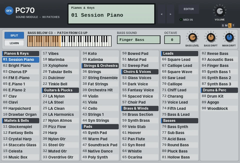 PC70 panel: a sound module with a SPLIT strip across the top - a 61-key keyboard picture with the bass keys tinted to the left of an amber split line, SPLIT and LEARN keys, BASS SOUND and OCTAVE displays and BASS LEVEL, BASS DRIFT and MAIN DRIFT knobs - above the patch display and the list of 90 patches