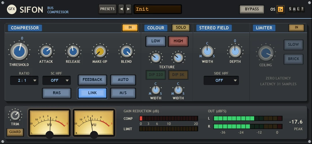 Sifon panel: a graphite faceplate with cream legends and blue name plates - COMPRESSOR, COLOUR, STEREO FIELD and LIMITER across the top, an input VU pair, gain-reduction bars and L / R output meters below