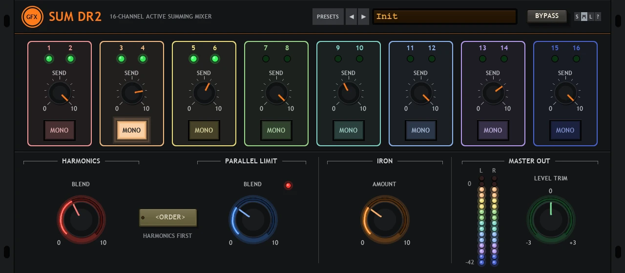SUM DR2 panel: eight pastel-outlined channel plates (1-2 to 15-16), each with two signal LEDs, a SEND knob and a MONO key; below, glowing red HARMONICS and blue PARALLEL LIMIT BLEND dials with the ORDER key between them, an orange IRON AMOUNT dial, and MASTER OUT with an L / R LED meter and a green LEVEL TRIM dial