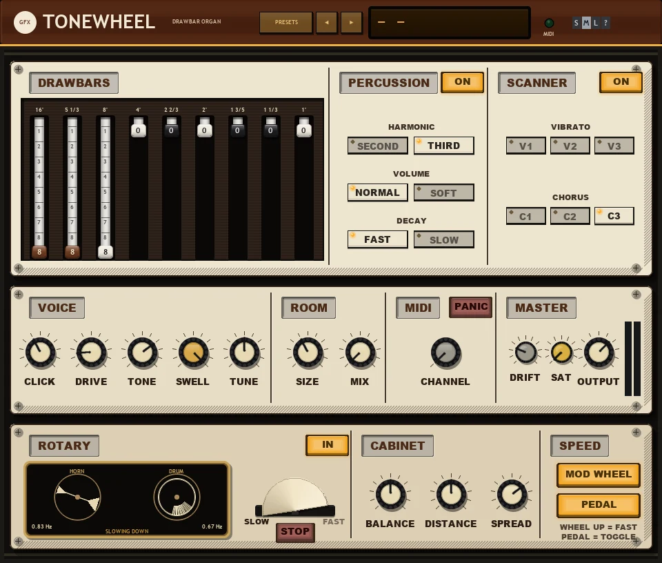 Tonewheel panel: drawbars, percussion, scanner, voice, master, rotary, cabinet and speed sections