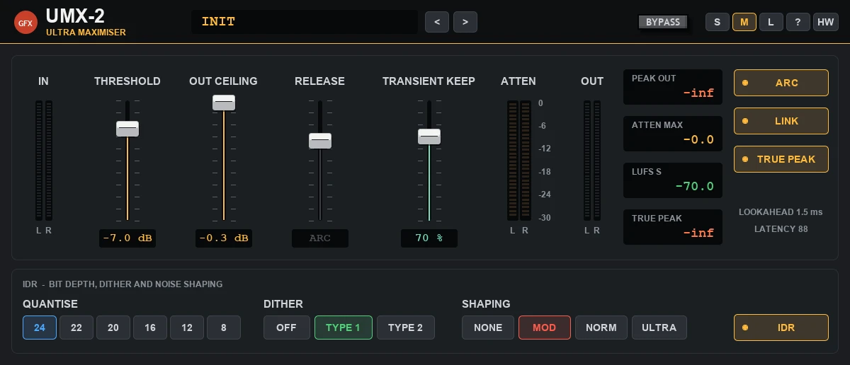 UMX-2 panel: a dark faceplate with IN bars, THRESHOLD, OUT CEILING, RELEASE and a mint TRANSIENT KEEP fader, an ATTEN L / R meter, OUT bars, four read-outs (PEAK OUT, ATTEN MAX, LUFS S, TRUE PEAK), ARC, LINK and TRUE PEAK keys, and the IDR dither row below