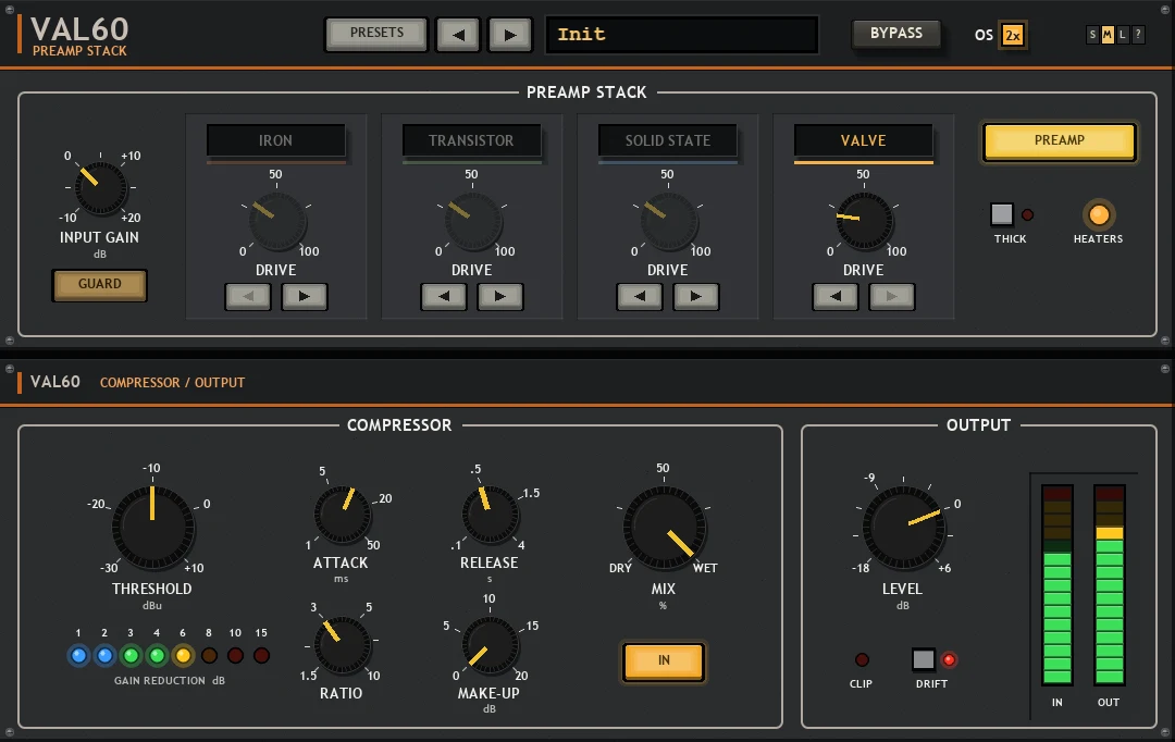 VAL60 panel: two stacked dark grey units with warm orange rules. On top, PREAMP STACK with an INPUT GAIN knob and GUARD key, then four stage modules - IRON, TRANSISTOR, SOLID STATE and VALVE - each with a lit name box, a DRIVE knob and move keys, and PREAMP, THICK and HEATERS. Below, COMPRESSOR with THRESHOLD, ATTACK, RELEASE, RATIO, MAKE-UP and MIX, and a GAIN REDUCTION LED row, and OUTPUT with LEVEL, CLIP, DRIFT and IN / OUT LED ladders
